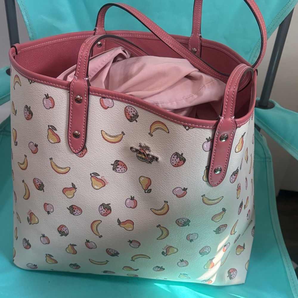 Coach Reversible City  Peony Pink  Trim White Fruit-Print Leather Tote